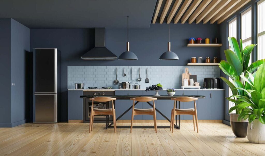 modern style kitchen interior design with dark blue wall.